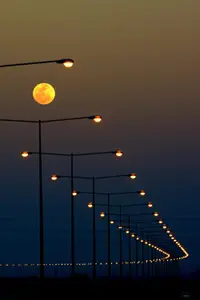 Moon over streetlights