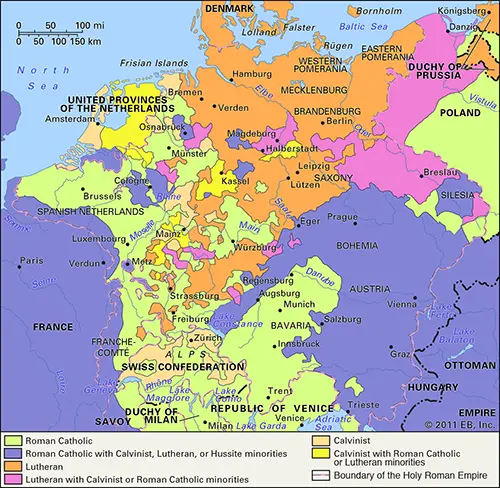 Europe map religion 1618